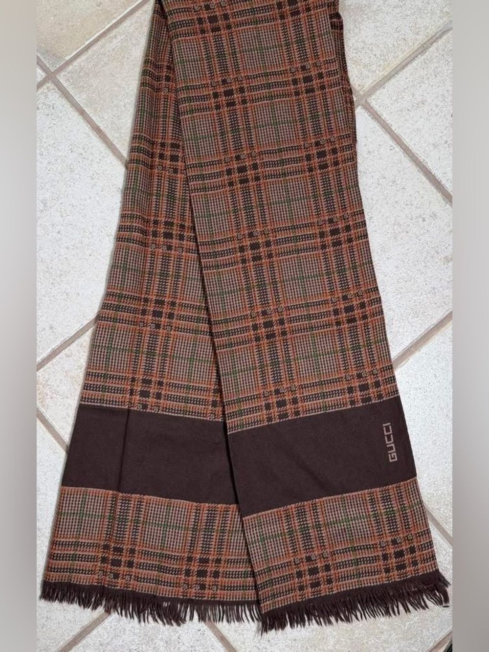 Brown Plaid Wool Cashmere Silk Blend Neck Scarf
